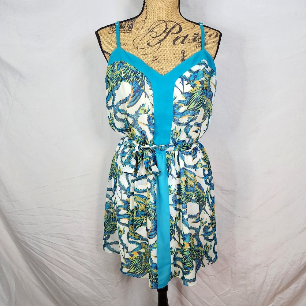 BEBE Size Large y2k Into the Wild Bird Print Chiffon Mini Sundress Cruise Resort